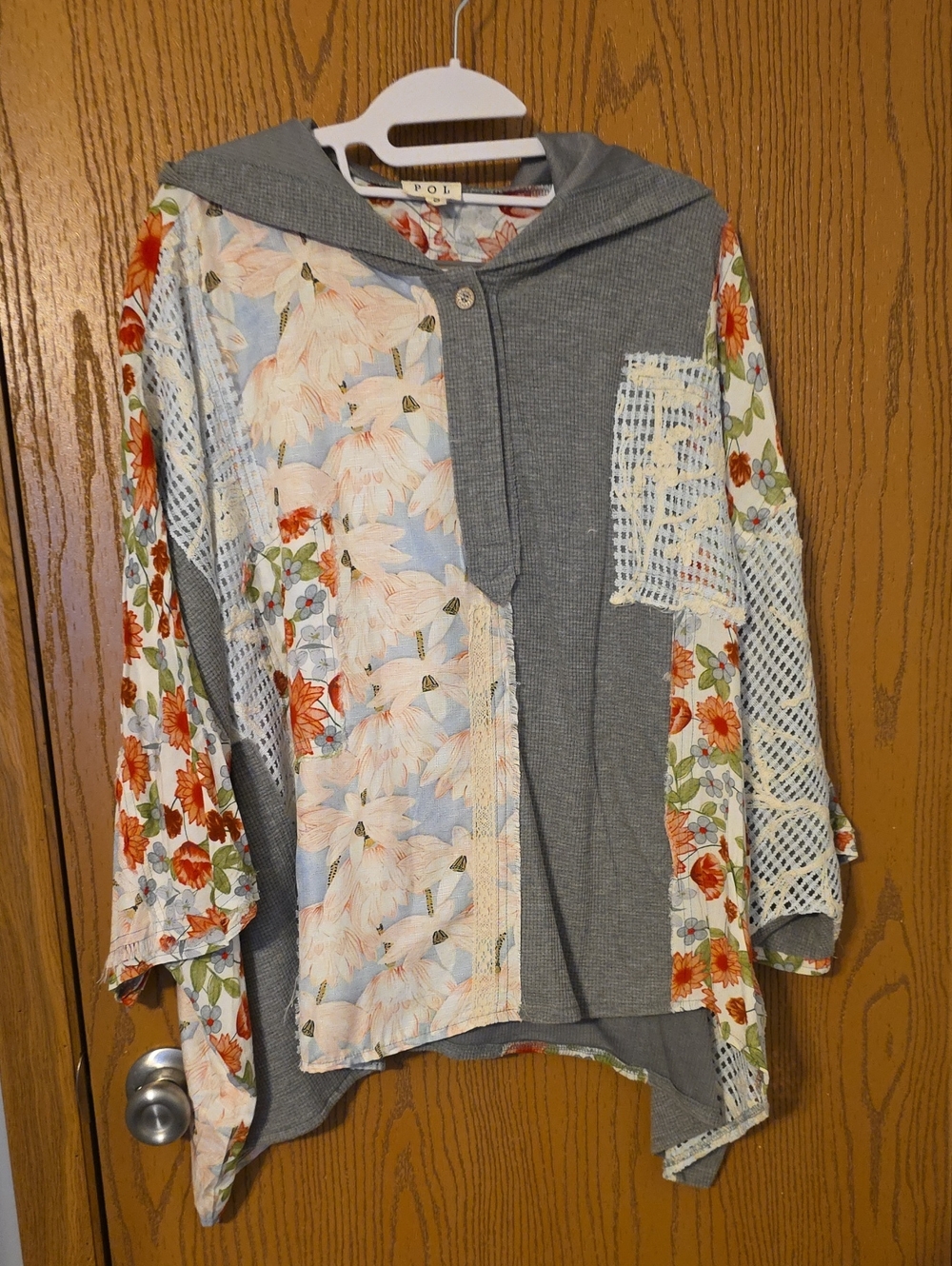 POL Floral Patchwork Hooded Knit Top - Light Blue, Gray, Orange Ptp 40 NWOT